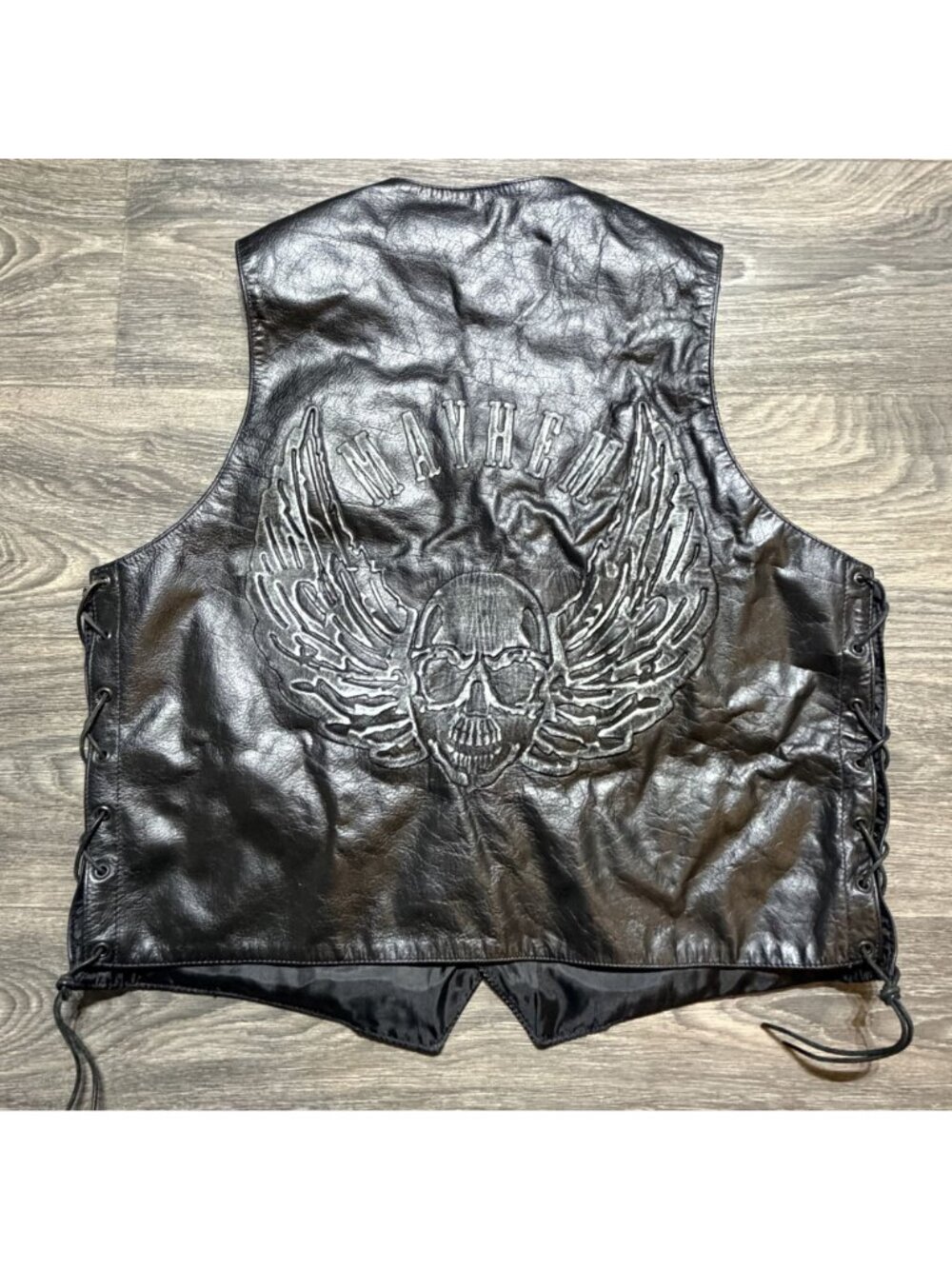 Vintage Xelement Motorcycle Leather Vest Black XL Mayhem Skull Wings Side Laces - Picture 5 of 14